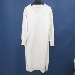 ヒューマンウーマン HUMAN WOMAN 長袖 ニット セーター ロング丈 Vネック M 白系 ホワイト スリット 無地