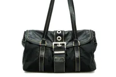 プラダ BR2418 ショルダー ハンドバッグ トート ハトメ ベルトデザイン シルバー金具 ナイロン レザー  黒 ブラック PRADA 5158h