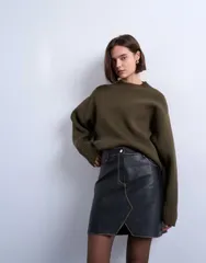 トップショップ レディース ボトムス スカート ミニ デニム レザー フェイクレザー Topshop faux leather denim style v front mini skirt in washed dark Dark brown ブラウン