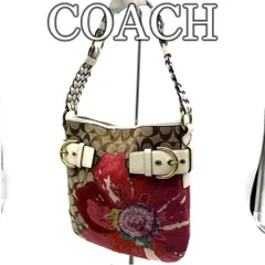 COACH コーチ シグネチャー ワンショルダーバッグ 花柄 フラワー アップリケ ベージュ キャンバス レザー ベルトデザイン 編み込みストラップ ゴールド金具 Y2K アーカイブ レディース 肩掛け ハンドバッグ ミニバッグ フェアリー ヴィンテージ