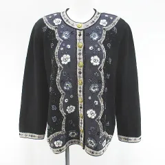 センサフィーネ Senzafine 花柄 フラワー 長袖 カーディガン ニット 13 黒系 ブラック ビーズ 刺繍 毛 ウール 裏地 タグ付