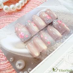 ネイルチップ (№185）マグネット フレンチ ピンク 蝶 桜 ワンホン