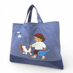 ファミリア Familiar トートバッグ お散歩 アップリケ ブルー キャンバス レザー調