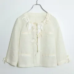 インゲボルグ★リボンいっぱい♪ノーカラージャケット サイズ9 白系 前開き ラメ入り 薄手 z17989