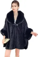 blue beryl ブルーベリル ケープコート フェイクファー アウター ショールカラー ヘリンボーン織り Aライン 秋冬 レディース BB091 (ブラック,  L)