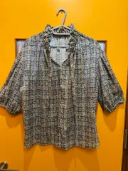 【H4-04】△ OPAQUE.CLIP　36/Sサイズ　ツイードライク ボウタイブラウス　多色（緑色系）　チェック柄