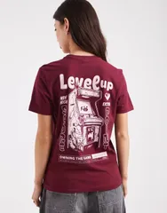 オンリー レディース トップス Tシャツ プリント グラフィック ONLY games graphic back print boxy tshirt Burgundy バーガンディ
