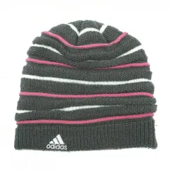 【美品】アディダス ニット帽 グレー×ピンク ボーダー ロゴ刺しゅう 裏ボア フリー(57-59cm)   ゴルフウェア adidas