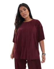 オンリーカーブ レディース トップス Tシャツ ONLY Curve boxy plisse Tshirt part of a set Burgundy バーガンディ