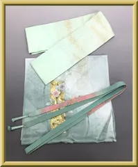 【美品】 和装小物 3点おまとめ 重ね襟 金彩花文 / 帯揚げ 帯揚 金彩流水花文 / 未使用 帯締め 帯締 花文 エメラルドグリーン グリーン系 緑系