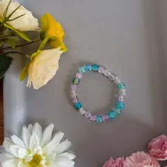 ハンドメイドビーズブレスレット／ターコイズ×パープル×クリア／15cm／キッズ・レディース