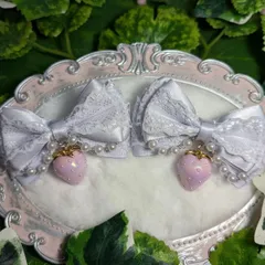 りぼんヘアクリップ　いちごチャーム　パールチェーン　薄いライラック　3段重ね　量産型　姫系　地雷系