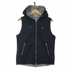 アーノルドパーマー Arnold Palmer リバーシブル ダウンベスト ジャケット フード ロゴ 刺繍 ジップアップ ナイロン LL 紺 ネイビー 杢グレー タグ付 美品 ゆったり 大きいサイズ