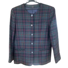  DAKS ダックス チェック柄ノーカラージャケット ネイビー レディース 11ARサイズ【Z1789】