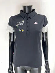 【USED】le coq sportif ルコック ポリエステル ボタンダウン 半袖 ポロシャツ ブラック 黒 ホワイト 白 レディース L ゴルフウェア
