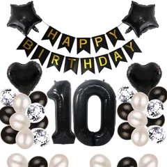 10歳 誕生日 バルーン 風船 飾り付け セット 数字バルーン 10 HAPPY BIRTHDAYガーランド ハート風船 紙吹雪風船 バースデーバルーン 大人 男の子 女の子 ブラック