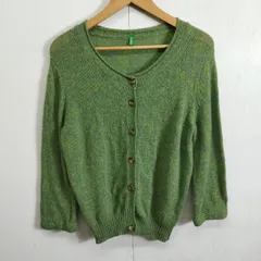 UNITED COLORS OF BENETTON ユナイテッド カラーズ オブ ベネトン カーディガン 七分袖 ウール 古着 vintage ナチュラル ワンポイント 刺繍 レディース グリーン系 B585のサムネイル