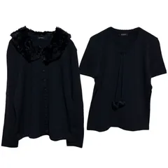 093 INGEBORG アンサンブルニット ポンポン付き M ブラック 黒 ファー襟カーディガン 半袖ニット セット 毛80% 日本製 上質ウール インゲボルグ ピンクハウスのサムネイル