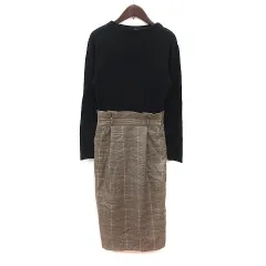 アンデミュウ Andemiu ワンピース ロング ニット 切替 チェック 長袖 M 黒 ブラック 茶 ブラウン 赤 レッド グレー /MS