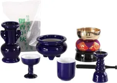 【人気商品】仏具セット 瑠璃色 無地 ルリ 陶器 5点+おりんセット 香炉灰付 モダンミニ仏壇用