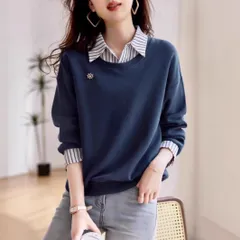 レイヤードニットシャツブラウス レディース トップス 長袖 襟付き ストライプ 楽ちん 体型カバー カジュアル オフィス 仕事着 20代 30代 40代 50代  1353