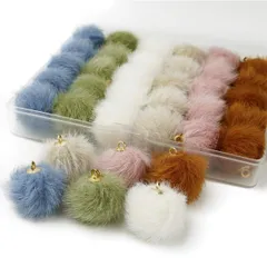 (グレージュ・ブルー・ピンク・カーキ・キャメル) アクセサリーパーツ アイボリー 6色36個セット 16mm カン付き ファーボール