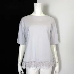 アースミュージック&エコロジー EARTH MUSIC & ECOLOGY カットソー トップス プルオーバー ボートネック 裾レース コットン 5分袖 半袖 L ライトグレー