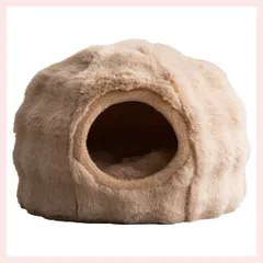 マイクロファイバー生地の2wayドーム型ペットベッド小（カバー手洗い可能なリバーシブルクッション付き／防水加工）「約W43×D43×H35cm」（コード穴有り）／ベージュ　※猫,小型犬,キャットハウス,ふわとろ,高級感,こだわり