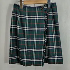 80s BURBERRYS バーバリーズ 巻き スカート ノヴァ チェック柄 ウール 古着 vintage ラップ ひざ丈 レディース 9AT グリーン系 B605