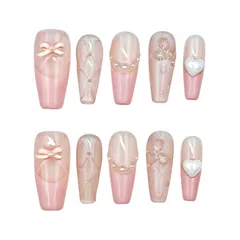 手作り ネイルチップ ロング 韓国 人気 ピンク バレリーナ マグネット ストーン 光沢 おしゃれ かわいい デザイン パーティー つけ爪 10枚入 (リホンの愛 M)