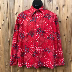 70's L.L.Bean エルエルビーン メンズXL ヴィンテージバンダナ柄シャツ パッチワーク風プリントシャツ レーヨン×コットン 赤 長袖シャツ ヴィンテージ古着