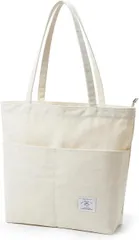 KALIDI トートバッグ レディース ショルダーバッグ 大容量 肩掛けバッグ 大きめ キャンバストート 帆布 無地 通学 旅行用 男女兼用 ファスナー付き ポケットあり (ホワイト,  中)