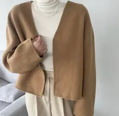 新品 ベイジ ノーカラー ハーフ ウールコート