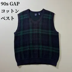 90s GAP　コットン　チェック　ニットベスト　ギャップ　ネイビー　グリーン　M 古着