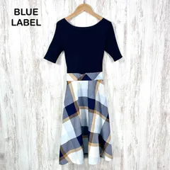 BLUE LABEL CRESTBRIDGE ブルーレーベルクレストブリッジ チェック ウエストリボン 半袖 ニット ドッキングワンピース ネイビー