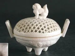 平戸焼 中里 茂右衛門　白磁 籠目透獅子蓋　鳳凰　香炉　ミニ香炉