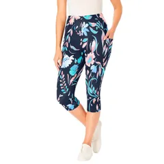 ウーマン ウィズイン レディース ボトムス カジュアルパンツ プラスサイズ コットン キャップ レギンス ニット Woman Within Plusize StretchCotton Knit PullOn Pocket Capri Leggings Navy