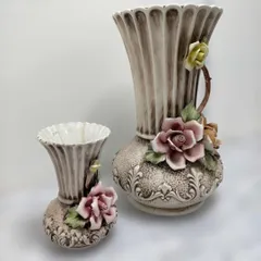 アンティーク調 陶器花瓶 大小2点セット 立体薔薇装飾 ヴィンテージ風 ヨーロピアン調 フラワーベース インテリア 小サイズ内側ヒビあり 260219-8T