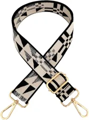 ａｄｚｕ ショルダーストラップ バッグ用 太め 幅3.8cm ショルダーベルト 長さ調節 付け替え 交換用 幾何学柄 (ベージュブラック x ゴールド,  130 cm)