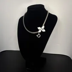美品 Christian Dior クリスチャンディオール テニス ネックレス チョーカー フラワー Dロゴ ラインストーン シルバー アクセサリー