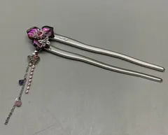 SN1141 かんざし 簪 清水坂ガラス館 花 teftef 髪飾り バラ 薔薇 ストーン ビーズ 蝶 ハート ピンク 紫 チャーム付 2本足タイプ