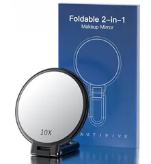 手鏡 拡大鏡 10倍 折りたたみ両面ハンドル付き化粧鏡 コンパクトミラー 10倍と等倍 卓上ミラー コンパクト 持ち運び便利 円形 13.7CM ブラック