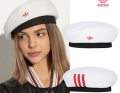 adidasアディダス ベレー帽 白黒 赤3本線