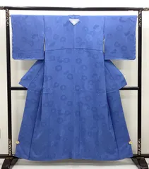 中古品　袷着物　色無地　地紋　染紋　青色　正絹　R453