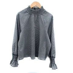 ザラ ZARA ブラウス カットソー ハイネック 長袖 千鳥格子柄 M オフホワイト 黒 ブラック /HO28