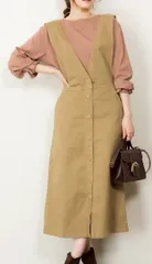 【秋冬クリアランス！送料無料！】【通勤　カジュアル！】【レディス　フロントボタンデザインが可愛い　うす起毛ツィル　ジャンパースカート＜ベージュ：Ｍサイズ＞】0251【綿ストレッチ】【オールイン】【ジャンスカ】【ジャンパードレス】