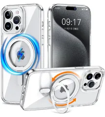 ★iPhone 15 Pro 用 ケース 縦横両対応 リング 【多機能360度回転スタンド】 MagSafe対応 ワイヤレス充電対応 半透明マット クリア