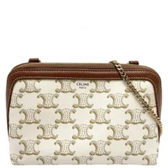 【在庫一掃】 セリーヌ ショルダーバッグ レディース トリオンフ チェーン付きクラッチ CELINE PVCコーティングキャンバス レザー ホワイト 白 ゴールド金具 美品【中古品】