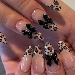 Liberte555 ネイルチップ ヒョウ柄 ギャル 付け爪 可愛い キラキラ 3d 韓国 グッズ (マルチカラー8,  ロング)