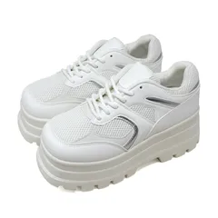 訳あり レディーススニーカー 厚底スニーカー スクエアトゥ 異素材コンビ スポーティー カジュアル おしゃれ 韓国  厚底 レディース レースアップ 8cmヒール ボリュームソール ローカット クッション 合成皮革 メッシュ  No.2251 ラブハンター